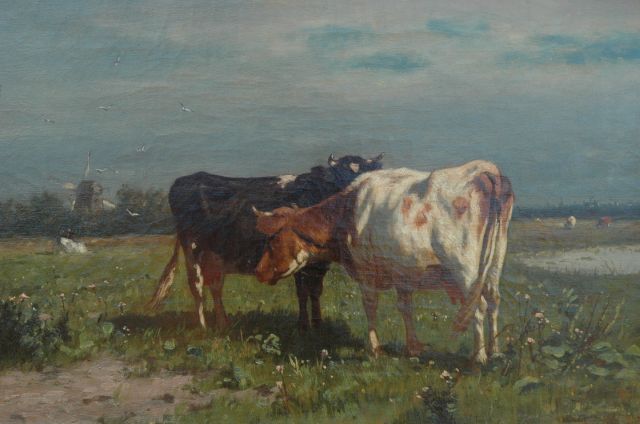 Haas J.H.L. de | Two cows in a meadow, Öl auf Leinwand 30,3 x 45,6 cm
