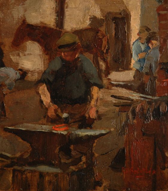 Breitner G.H.  | The blacksmith, Öl auf Holzfaser 17,0 x 15,1 cm, signed l.r.