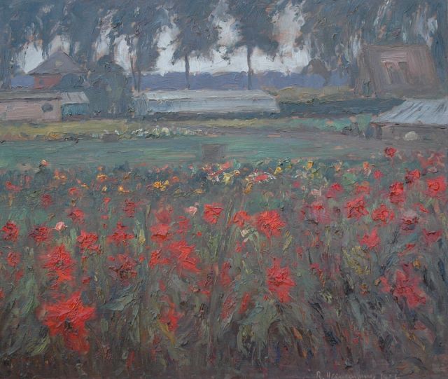 Heinemann R.W.  | Dahlias near Heel, Öl auf Holz 56,9 x 67,3 cm, signed l.r. und painted 1926