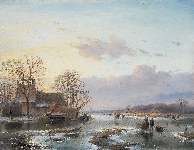 Andreas Schelfhout | Skaters on a frozen polder canal, Öl auf Holz, 37,6 x 48,4 cm, signed l.l. und painted circa 1845