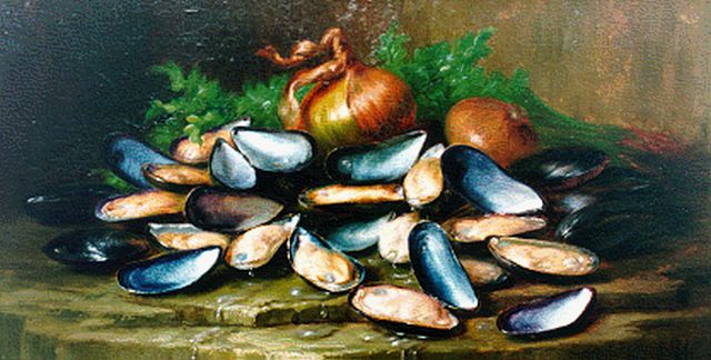 Edward van Ryswyck | A still life with mussels and onions, Öl auf Leinwand, 28,5 x 52,3 cm, signed l.r.