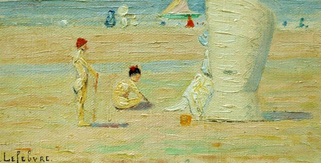 Lefebvre A.  | A summer day at the beach of Noordwijk, Öl auf Leinwand  auf Holzfaser 10,0 x 18,0 cm, signed l.l.