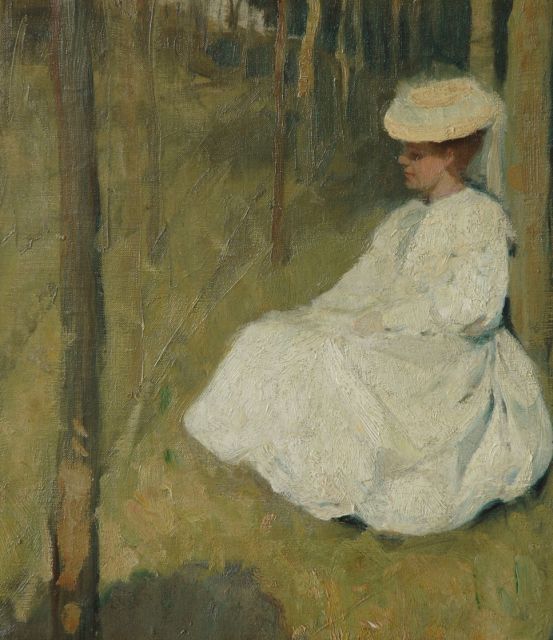 Jonniaux A.  | Seated lady in a parc, Öl auf Leinwand 34,3 x 30,3 cm