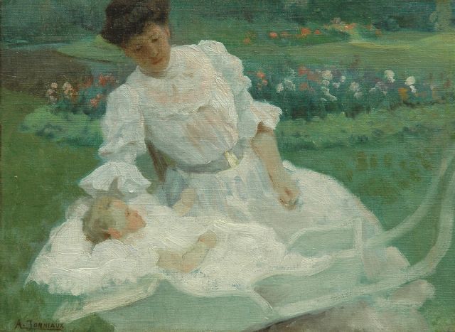 Alfred Jonniaux | Mother and child in a garden, Öl auf Leinwand auf Holz, 29,6 x 40,0 cm, signed l.l.
