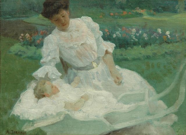 Jonniaux A.  | Mother and child in a garden, Öl auf Leinwand auf Holz 29,6 x 40,0 cm, signed l.l.