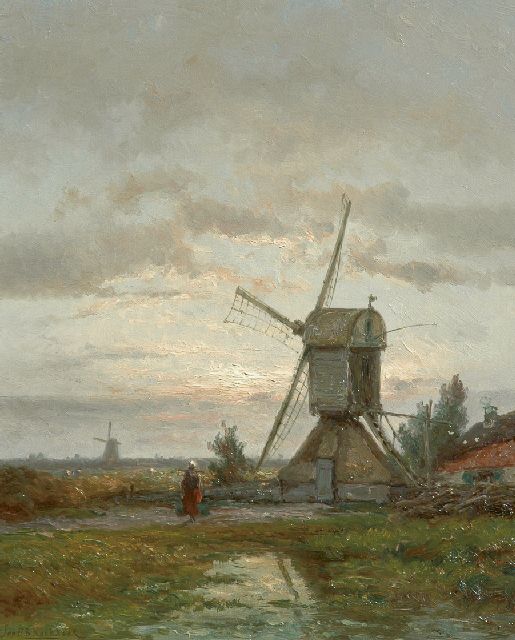 Jan H.B. Koekkoek | Getreidemühle De Lelie bei Kortenhoef, Öl auf Holz, 56,0 x 45,5 cm, Unterzeichnet l.u.