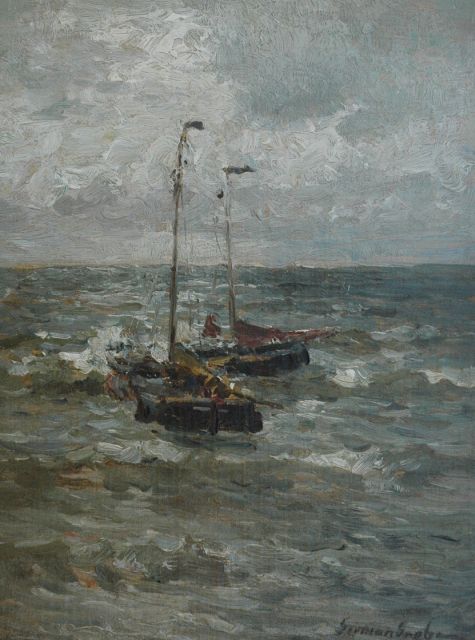 Grobe P.G.  | Two barges at sea, Öl auf Leinwand auf Holz 35,4 x 26,8 cm, signed l.r.