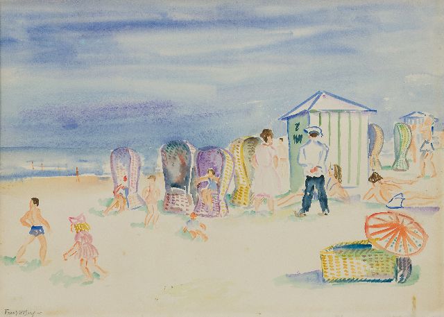 Berg J.F. van den | Strandansicht mit Figuren, Aquarell auf Papier 38,2 x 54,5 cm, Unterzeichnet l.u.