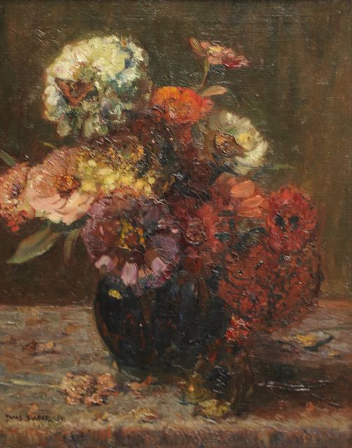 Slager F.F.  | Stilleben mit Zinnien, Öl auf Leinwand 50,1 x 40,3 cm, Unterzeichnet l.u. und datiert '34