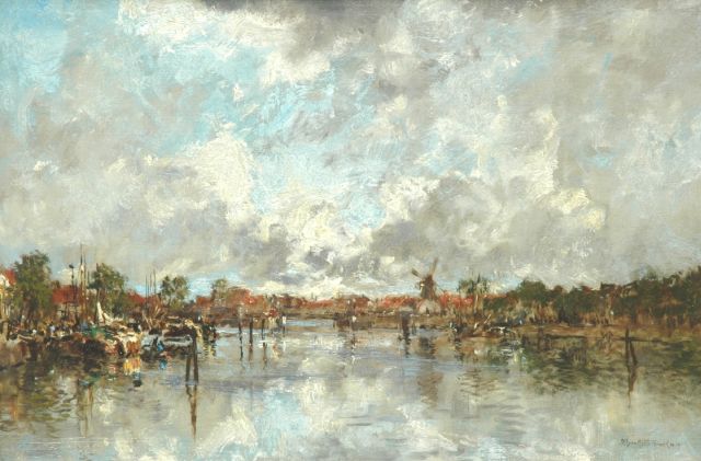 Mastenbroek J.H. van | The Rotterdam harbour at sunset, Öl auf Leinwand 40,2 x 60,3 cm, signed l.r. und  dated 1919