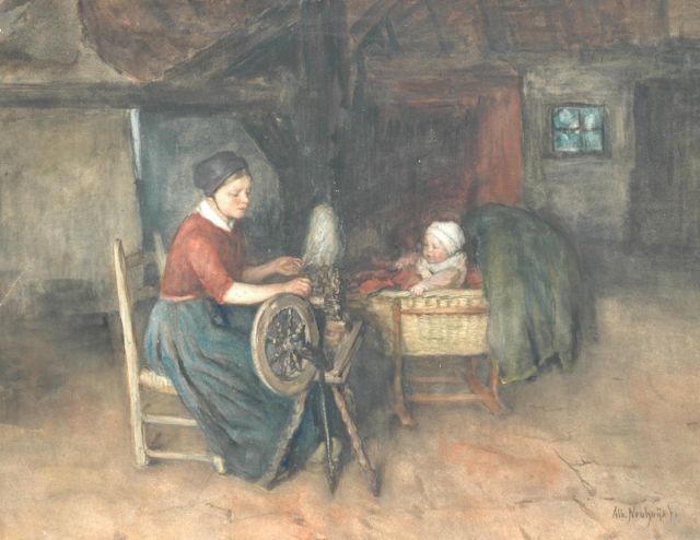 Neuhuys J.A.  | Young farmer's wife at the spinning wheel with her baby in a cradle, Aquarell auf Papier auf Holzfaserplatte 52,3 x 67,5 cm, signed l.r.