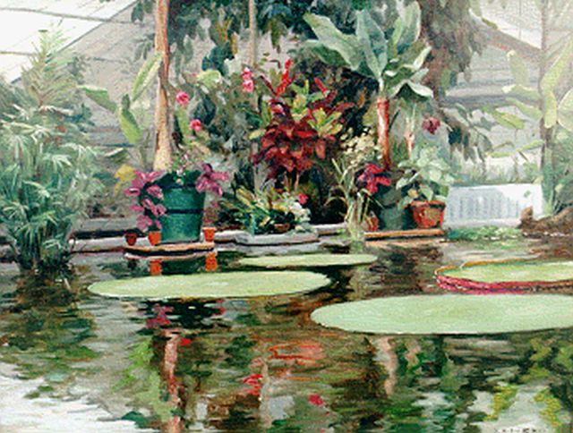 Willy Fleur | Botanical greenhouse with Victoria Regina, Öl auf Leinwand, 40,0 x 50,0 cm, signed l.r.