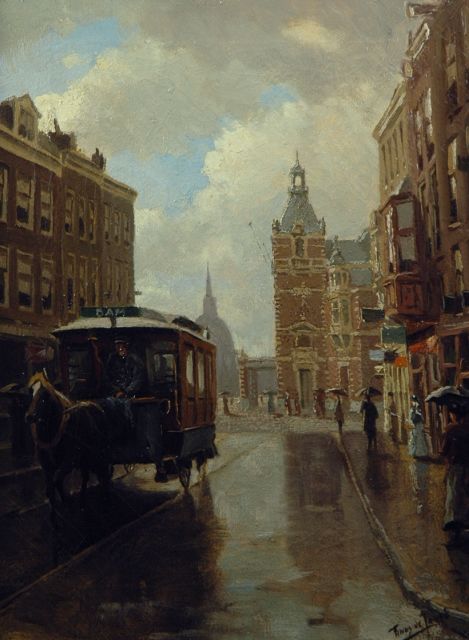 Tinus de Jongh | The Leidsestraat in Amsterdam with the Stadsschouwburg in the distance, Öl auf Leinwand, 40,2 x 30,3 cm, signed l.r.