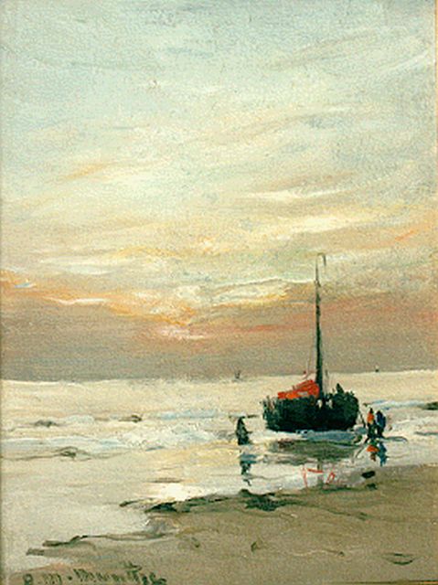 Munthe G.A.L.  | A 'bomschuit'  in the surf, Öl auf Holz 21,0 x 15,9 cm, signed l.l.