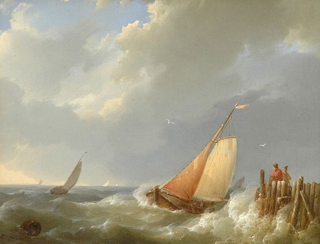 Hermanus Koekkoek | Shipping off a jetty, Öl auf Tafel, 11,9 x 14,7 cm, signed l.l. with initials