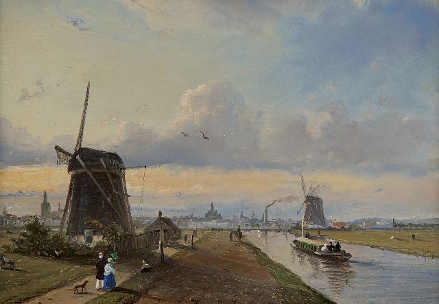 Jan Heppener | A view of The Vliet near The Hague with a train, Öl auf Holz, 14,4 x 20,7 cm