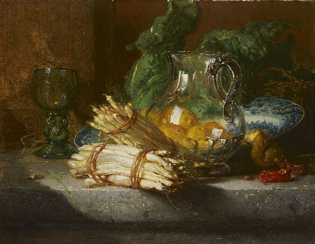Vos M.  | A still life with asparagus and lemons, Öl auf Holz 24,6 x 32,1 cm, signed l.l. and reverse on label und painted 1877
