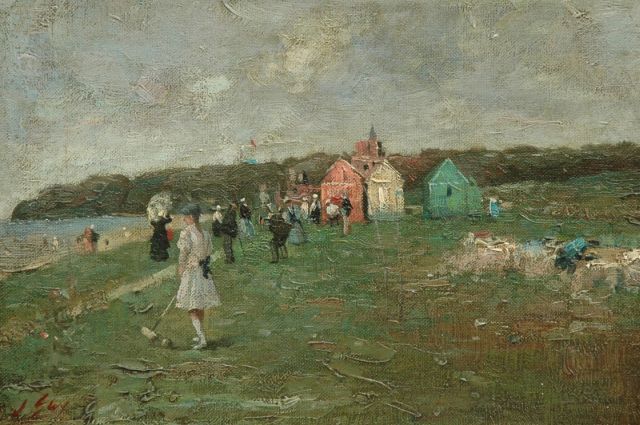 Engelse School | Playing croquet in the dunes near a beach, Öl auf Leinwand auf Holz, 20,5 x 30,6 cm, signed l.l. 'J. 'Guy'