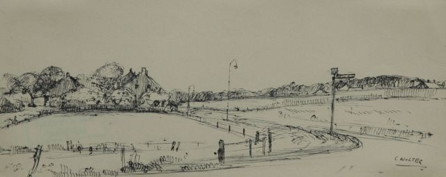 Cor Noltee | Landscape with farm, Feder und Tinte auf Papier, 12,4 x 30,1 cm, signed l.r.