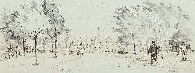Cor Noltee | Städtische Grünanlage, Zeichnung auf Papier, 11,4 x 30,5 cm, Unterzeichnet r.u.