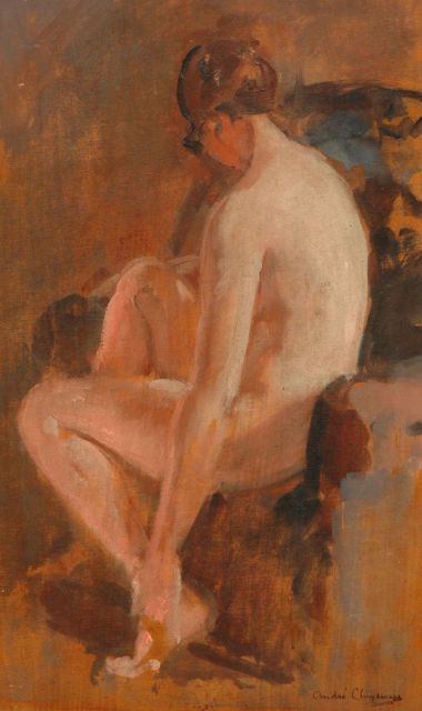Cluysenaar A.E.A.  | Seated nude, Öl auf Holz 43,4 x 26,4 cm, signed l.r.