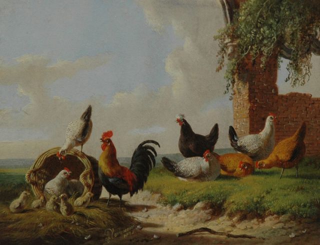 Albertus Verhoesen | The cock with his hens, Öl auf Holz, 13,3 x 17,4 cm, signed c.l. und dated 1872