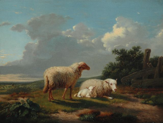 Dieghem J. van | Landschaft mit zwei Schafen und einem Lamm, Öl auf Holz 18,8 x 24,5 cm, Unterzeichnet M.r. und datiert 1855