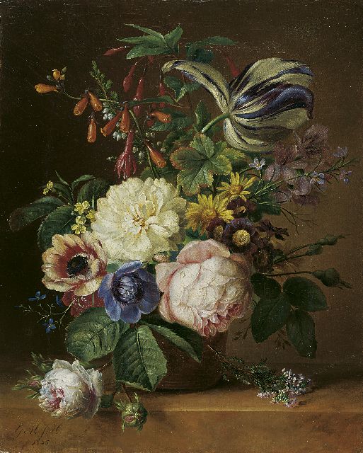 Geertruida Margaretha Jacoba Huidekoper | A still life of roses, tulips and anemones, Öl auf Leinwand, 37,5 x 30,5 cm, signed l.l. with initials und dated 1845