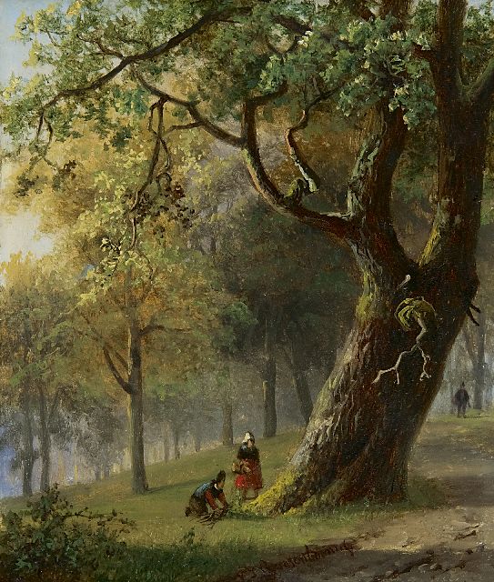 Nicolaas Roosenboom | Figures in a wooded landscape, Öl auf Holz, 15,4 x 13,0 cm, signed l.c.