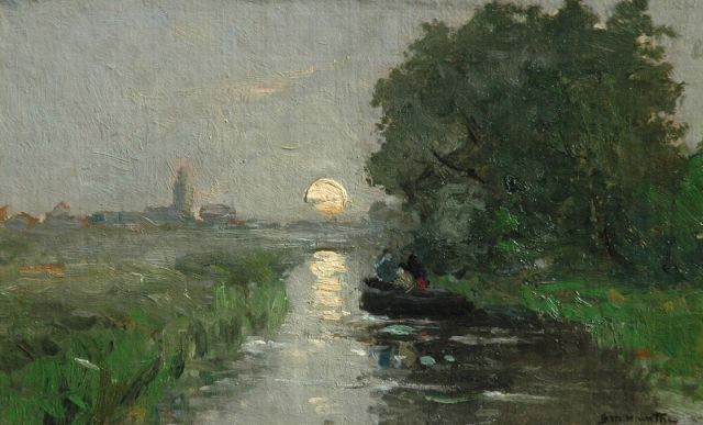 Munthe G.A.L.  | De Vliet by moonlight, with the Laurentiustoren of Rijnsburg in the distance, Öl auf Leinwand  auf Holzfaser 26,3 x 42,0 cm, signed l.r.