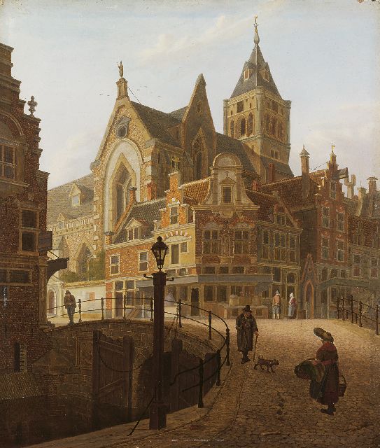 Jan Hendrik Verheijen | A town view with pedestrians on a bridge, Öl auf Holz, 24,2 x 20,9 cm, signed l.l. und dated 1813