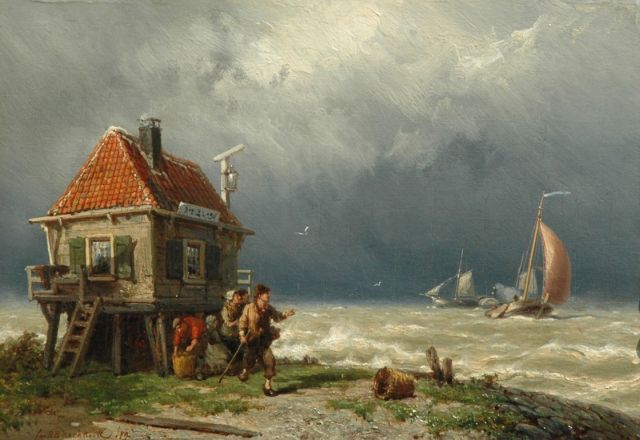 Jan H.B. Koekkoek | Figures near a ferry-house, Öl auf Holz, 24,6 x 35,1 cm, signed l.l. und dated '79