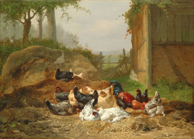 Eugène Remy Maes | Poultry in a sunlit farmyard, Öl auf Holz, 26,5 x 36,0 cm, signed l.l.