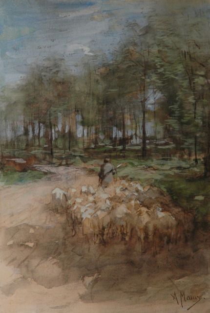 Anton Mauve | A shepherd and his flock on a sandy track, Aquarell und Gouache auf Papier, 49,7 x 34,2 cm, signed l.r.
