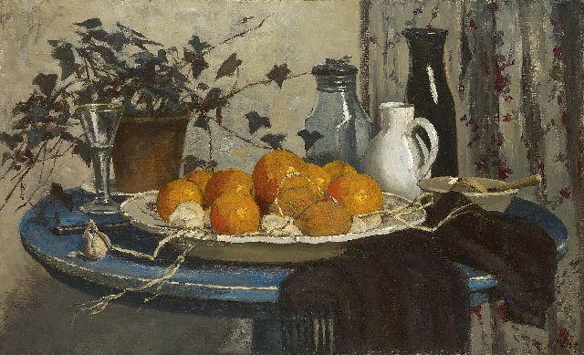 Marie van Regteren Altena | A still life with oranges on a blue table, Öl auf Leinwand, 48,3 x 78,3 cm, signed l.r. with initials and on the reverse