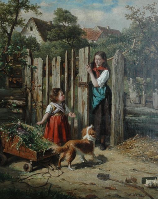 Walraven J.  | A playing girl with her dog, Öl auf Leinwand 69,8 x 57,1 cm, signed l.r.