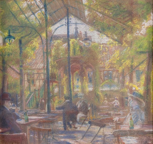 Due O.W.S.  | Gartencafé zu Kopenhagen, Pastell auf Papier 49,3 x 55,0 cm, Unterzeichnet r.u. und datiert 1909