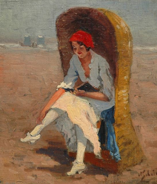 A.P. Schotel | Reading on the beach, Öl auf Leinwand  auf Holzfaser, 36,6 x 31,2 cm, signed l.r.