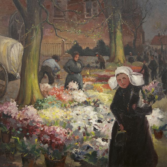 Ben Moonen | Blumenmarkt, Öl auf Holz, 80,3 x 80,0 cm, Unterzeichnet l.u.