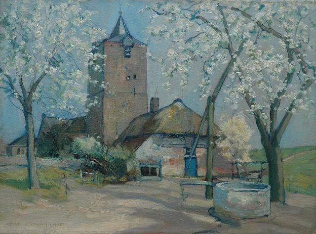 Münninghoff X.A.F.L.  | Trees in bloom by the church in Dodewaard, Öl auf Leinwand 30,3 x 40,8 cm, signed l.l.