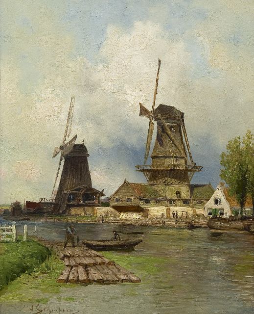 Piet Schipperus | Sowing mills 'De Vlaggeman' and 'Het Haantje' on the Schie near Rotterdam, Öl auf Holz, 29,7 x 23,7 cm, signed l.l.