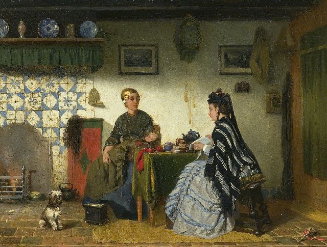 Sipke Kool | Friesischer Innenraum mit zwei Frauen, Öl auf Holz, 26,6 x 34,9 cm, Unterzeichnet l.u. und Im Verso datiert 1875