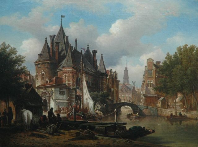 Elias Pieter van Bommel | Stadtansicht mit der Amsterdamer Waage und dem Zuiderkerksturm, Öl auf Leinwand  auf Holzfaser, 45,8 x 60,5 cm, Unterzeichnet r.v.d.M.
