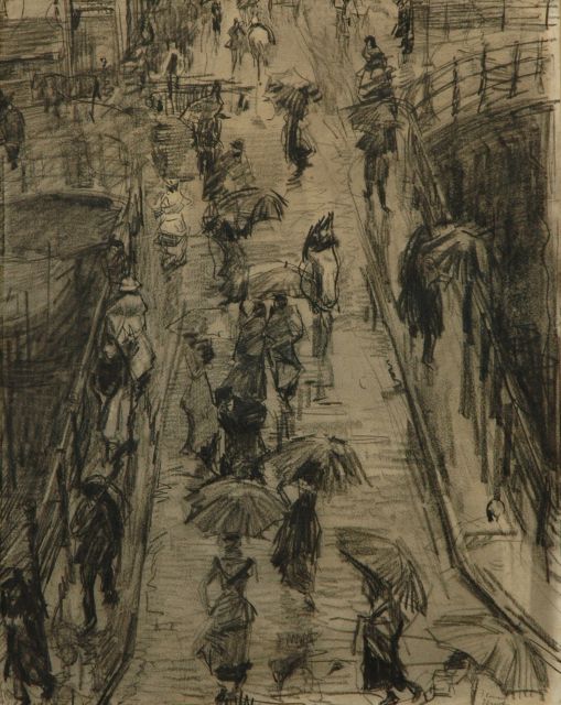 Isaac Israels | Through the Rain; the Leliegracht in Amsterdam, Holzkohle und Kreide auf Papier, 62,0 x 47,5 cm, signed l.r. en verso und Executed ca. 1890-1894