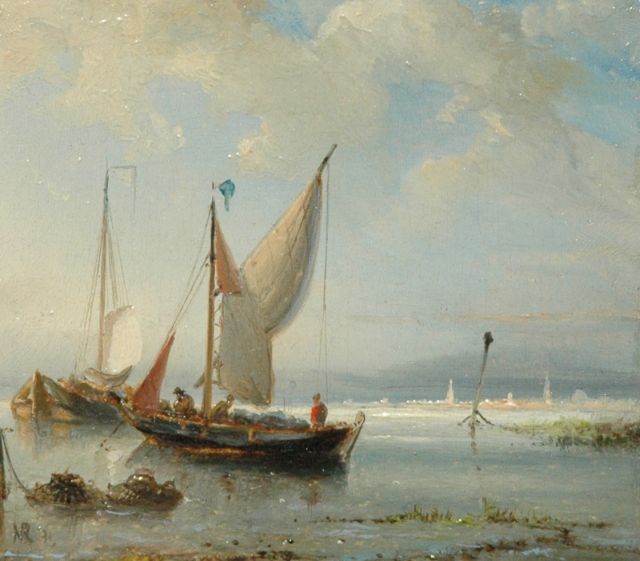 Nicolaas Riegen | Fishing boats on calm water, Öl auf Holz, 9,2 x 10,2 cm, signed l.l. with initials und dated '71