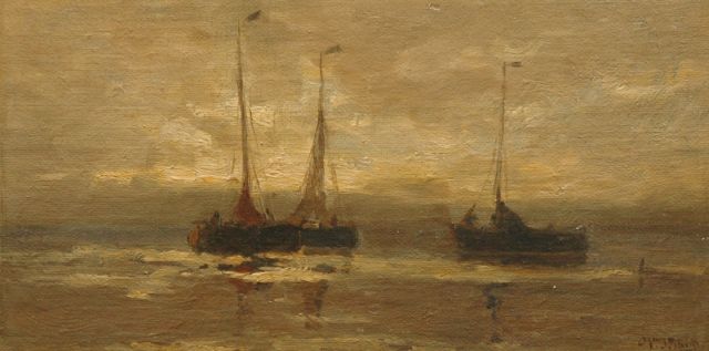 Willem Johannes Schütz | Two fishing boats at night, Zeeland, Öl auf Leinwand auf Holz, 13,7 x 26,7 cm, signed l.r.