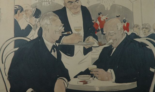 Piet van der Hem | Two gentlemen having a drink, Tinte und Aquarell auf Papier, 53,8 x 86,8 cm