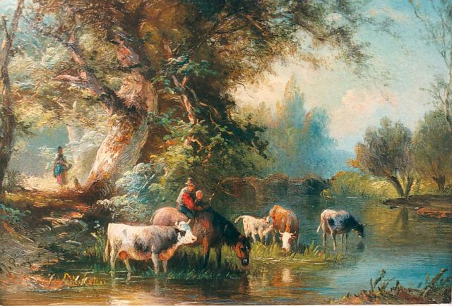 Albert Jurardus van Prooijen | Cattle watering, Öl auf Holz, 15,5 x 21,7 cm, signed l.l.