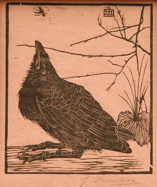 Mankes J.  | A crow, watching a mosquito, Holzstich auf gefärbtem japanischem Papier 11,8 x 10,2 cm, signed with mon.in the block and l.r. in full (in pencil) und executed in 1918