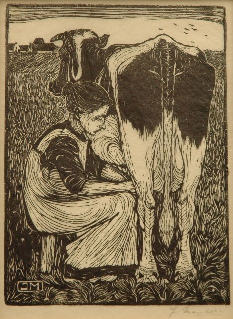 Jan Mankes | Milking a cow, Holzstich auf chinesischem Papier, 19,2 x 14,5 cm, signed with mon. in the bloc and l.r. in full (in pencil) und executed in 1914